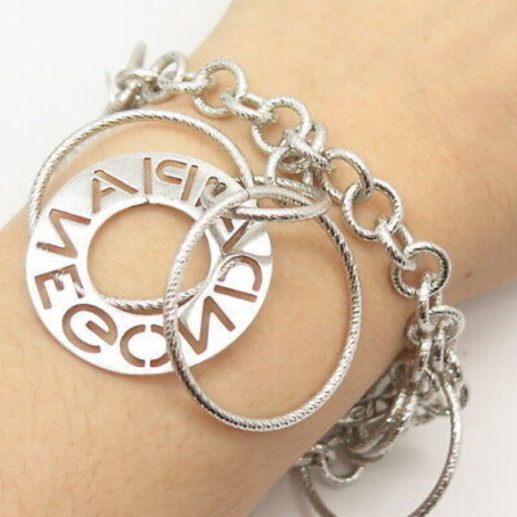 925 Sterling Silver Italy Circle Charms Rolo Link Bracelet...